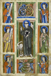 Franciscus preekt voor de vogels, miniatuur, ca. 1230-1240, Badische Landesbibliothek, Karlsruhe