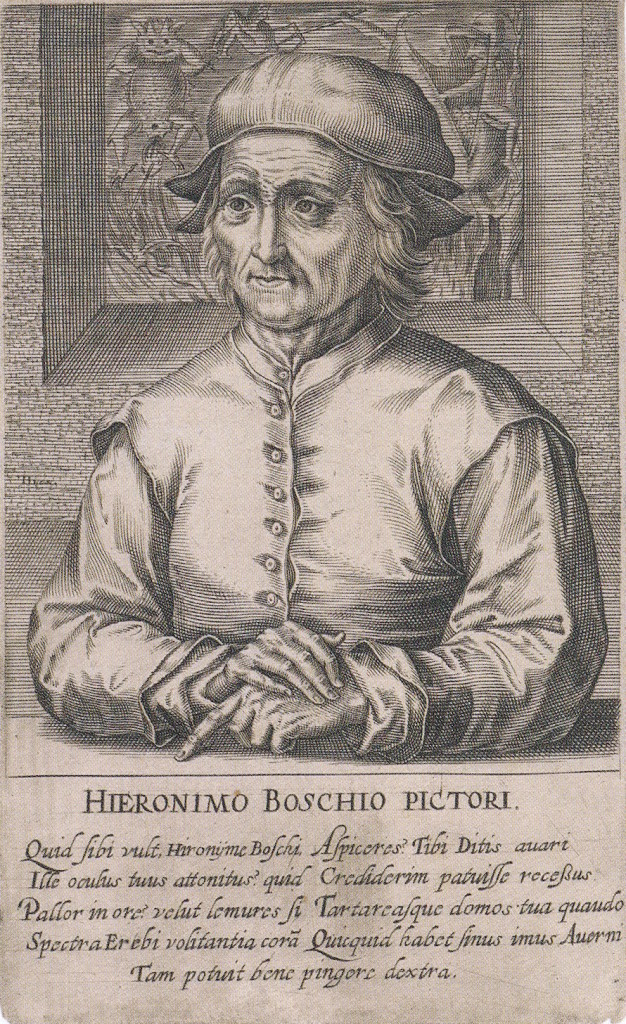 Portret van de schilder Jheronimus Bosch met gedicht van Domenicus Lampsonius 1572